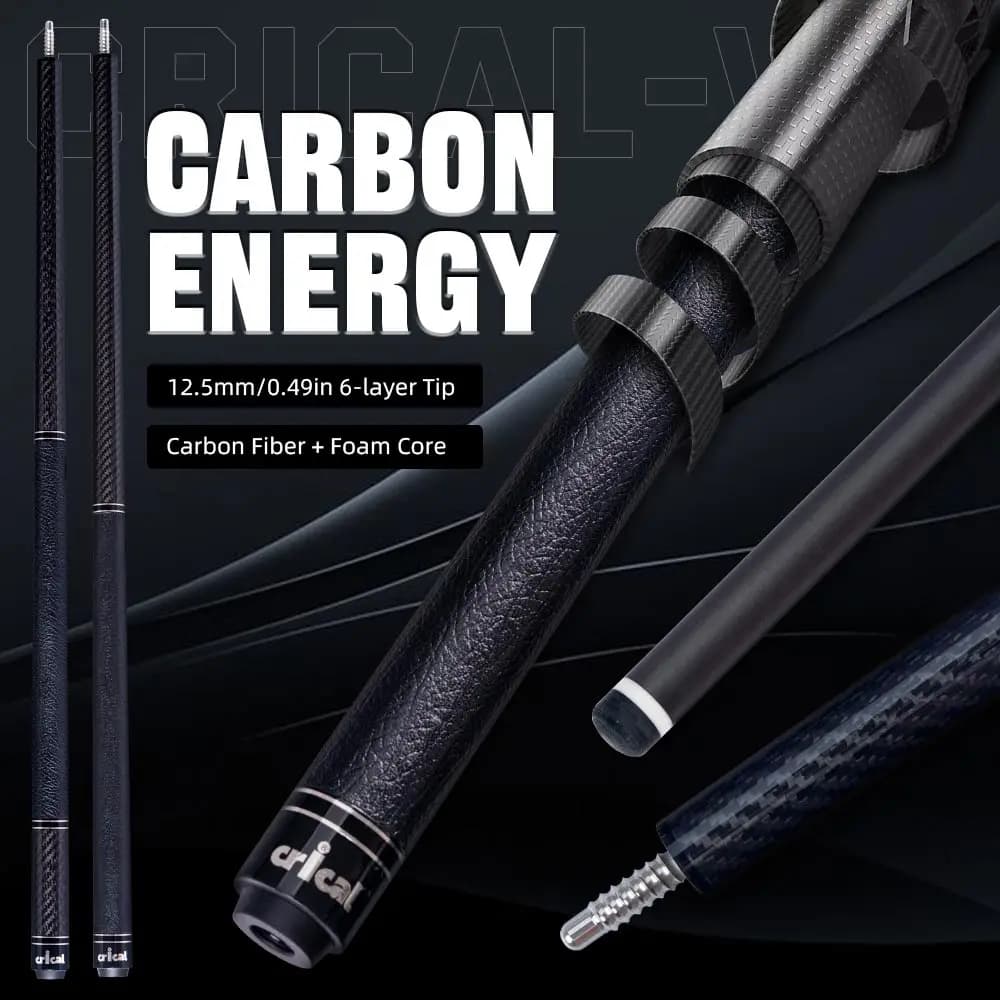 Pool Cue Stick Carbon Fiber Foam Core Low Deflection Leather Grip 58in 12.5mm Tip 3/8x8 Joint VP Series 8/9 Ball CRICAL