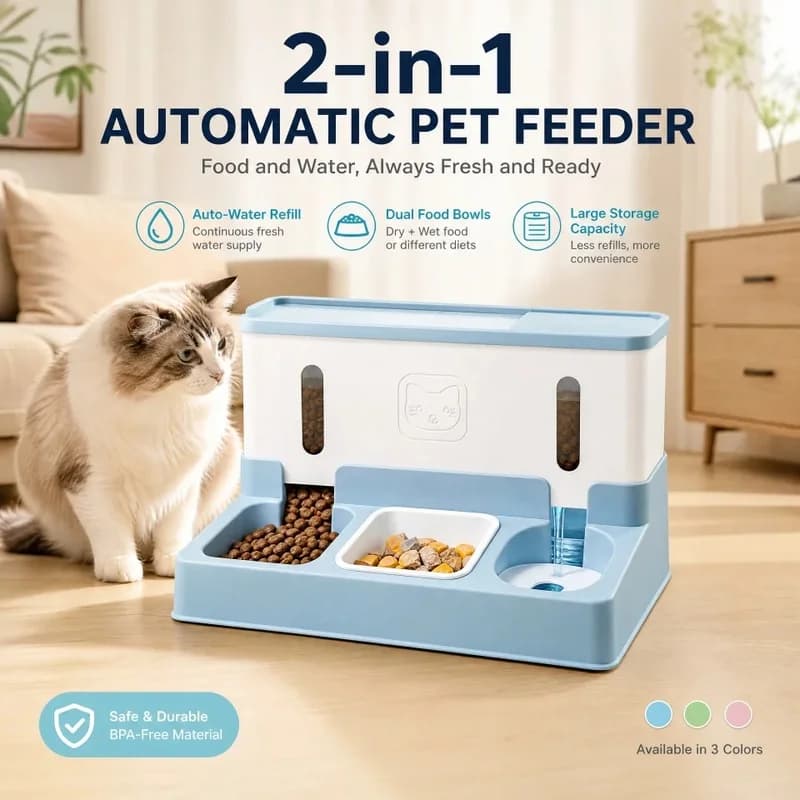 2 in 1 Automatic Pet Feeder Water Dispenser Gravity Cat Food Bowl Large Capacity Feeding Station for Cats Small Dogs