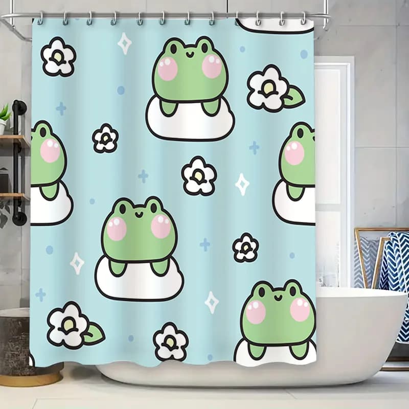Adorabile tenda da doccia con stampa rana con fiori Decorazione da bagno blu per bagni per bambini Tessuto impermeabile