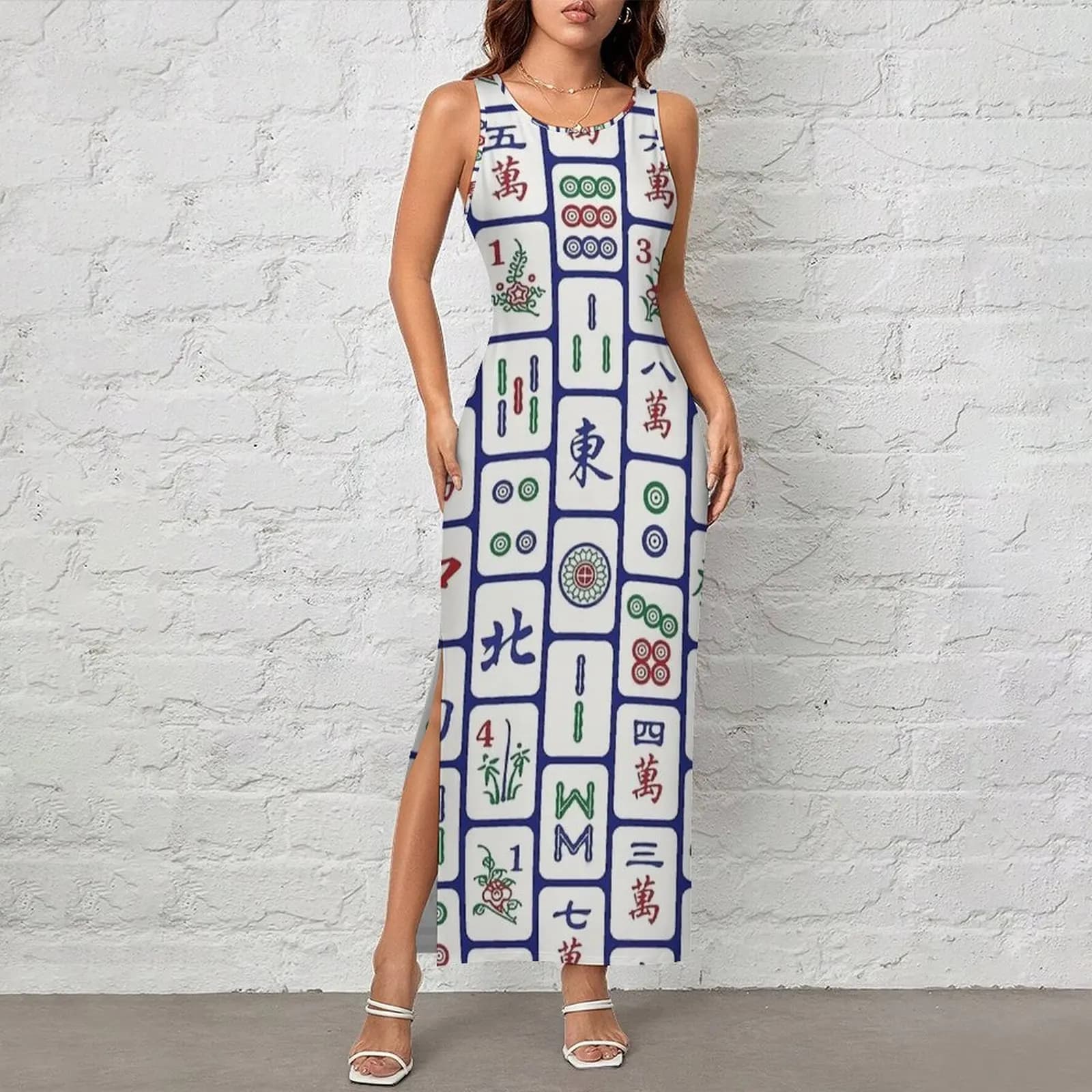 Womens Navy Grid Mahjong Tile Print Dress Street Style Bodycon Dress Spring Sleeveless Night Club Maxi Dresses Oversize Vestidos