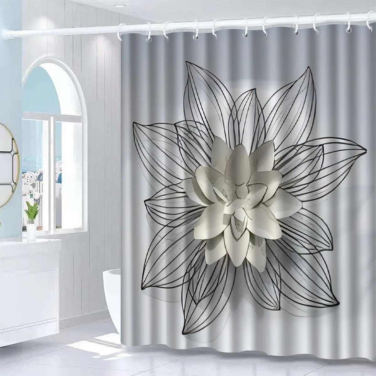 Elegante tenda da doccia bianca floreale e artistica sul tratto - Poliestere resistente alle nebbia, versatile arredamento moderno per il bagno per tutte le stagioni