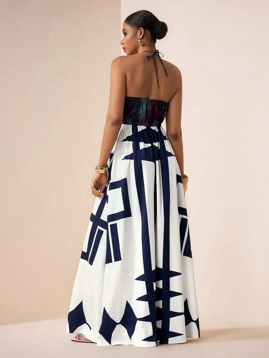 Geometric Print Halter Neck A-Line Maxi Dress For Women