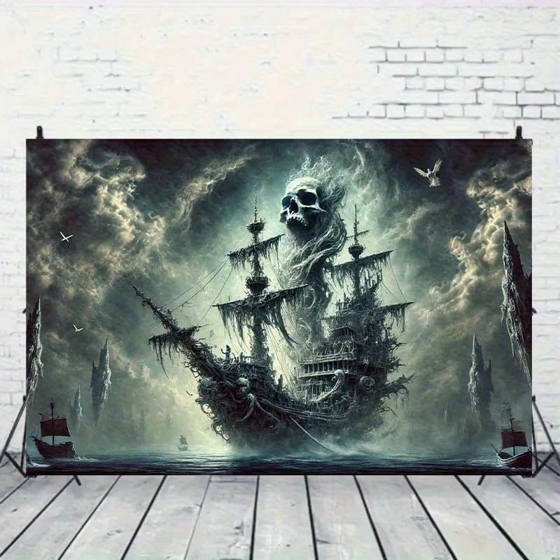 Gothic Pirate Skull Tapestry Wall Hanging Nautical Decor Dark Sea Horror Art Halloween Man Cave Gift Polyester