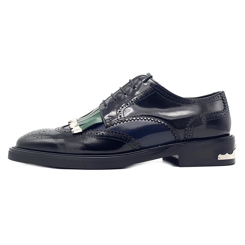 Black Genuine Leather Wingtip Brogue Oxford Shoes Lace‑Up Tassel Men Round Toe Retro Party Formal Dress Shoes