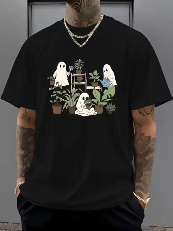 Cozy Ghost Gardener Graphic T-Shirt Whimsical Halloween Plant Lover Tee Short Sleeve Unisex Casual Cotton Top For Gardeners