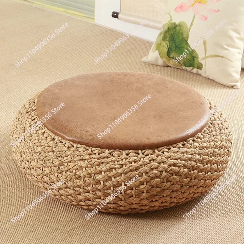 Modern Knitted Round Pouf Ottoman Stool W/PU Leather Seat Pad Floor Yoga Meditation Cushion Straw Rusitc Tatami Pouf Furniture