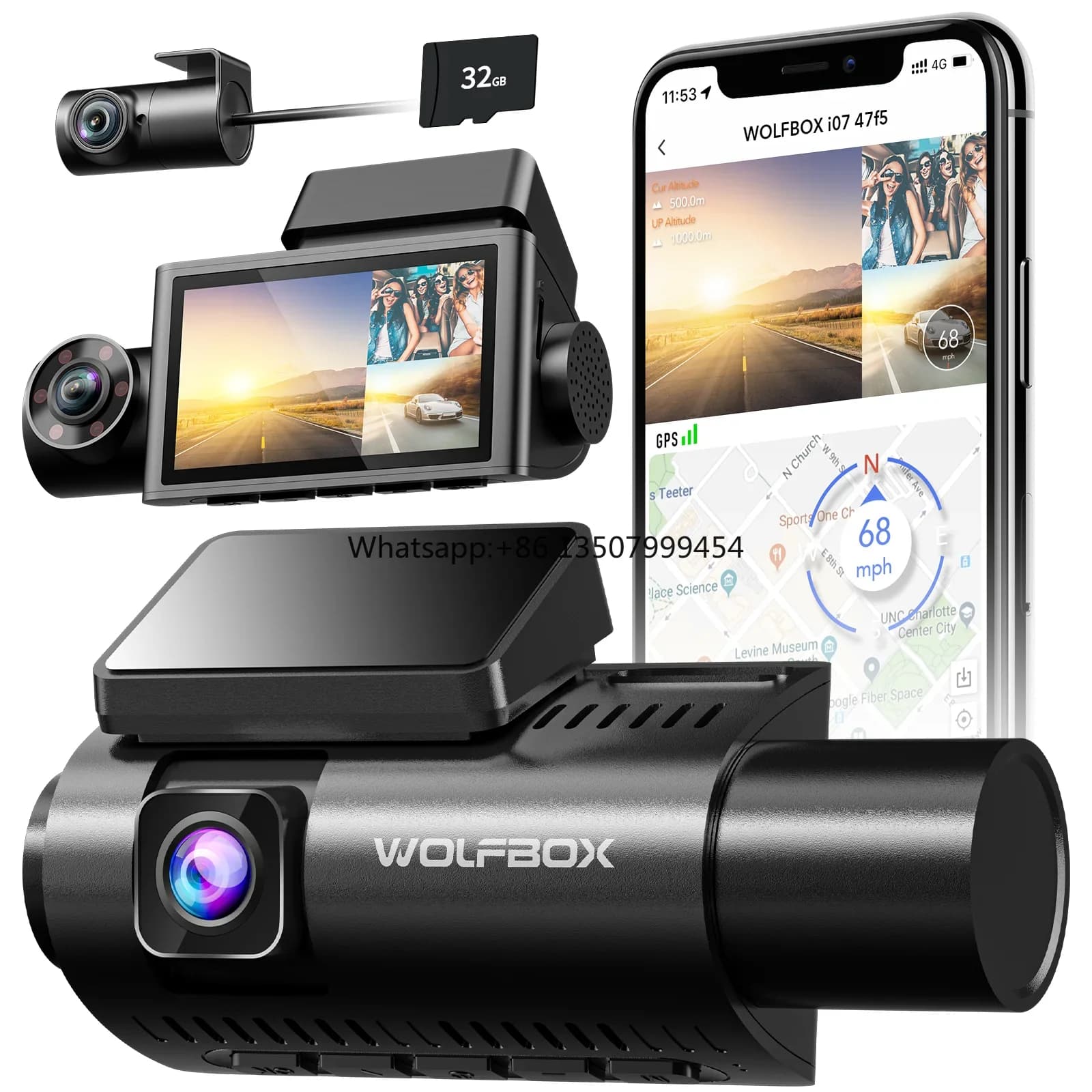 Wolfbox I07 Telecamera Anteriore e Interna 4K, Dash Cam per Auto a 3 Canali 1080p con GPS e WiFi