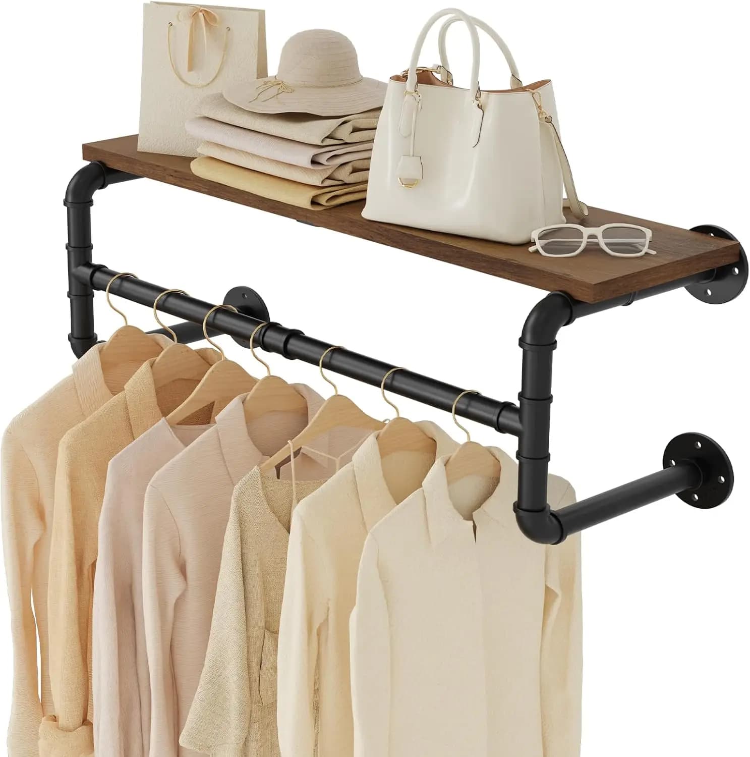Industrial wall hanger with shelf, space saving for home or store, rustic brown