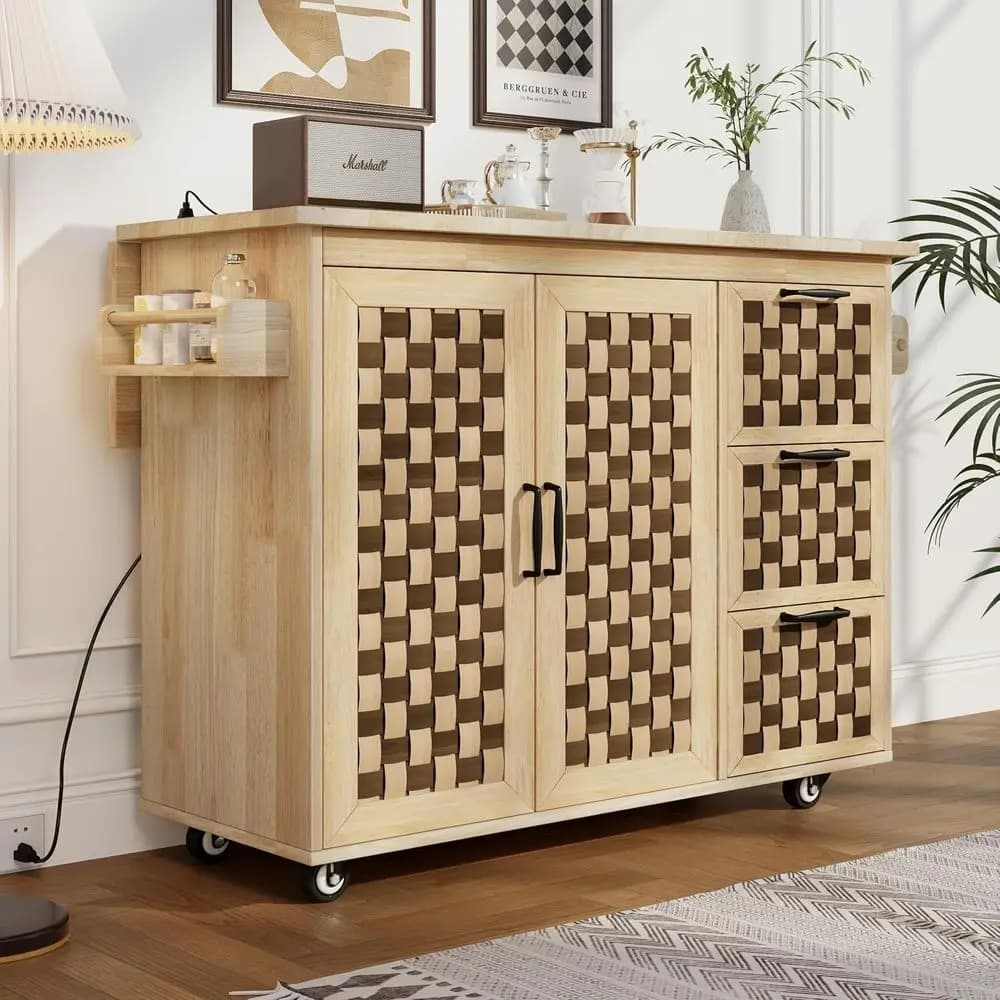 Isola da Cucina Rustica 51 con Piano Ribaltabile, Carrello Mobile con Vano Portaoggetti Integrato e Portasciugamani per Zona Pranzo (Legno Naturale)