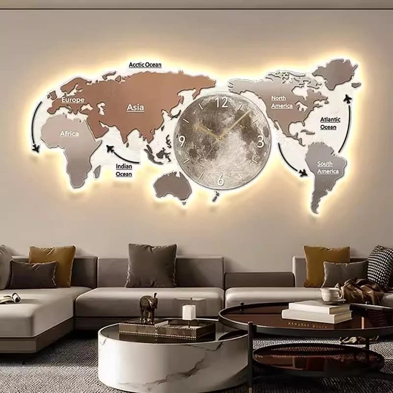 Orologio da Parete Luminoso con Mappa del Mondo, Orologio Digitale per Soggiorno, Design di Lusso Nordico, Lampada Murale, Orologio da Parete LED Silenzioso per Villa, Decorazione Casa