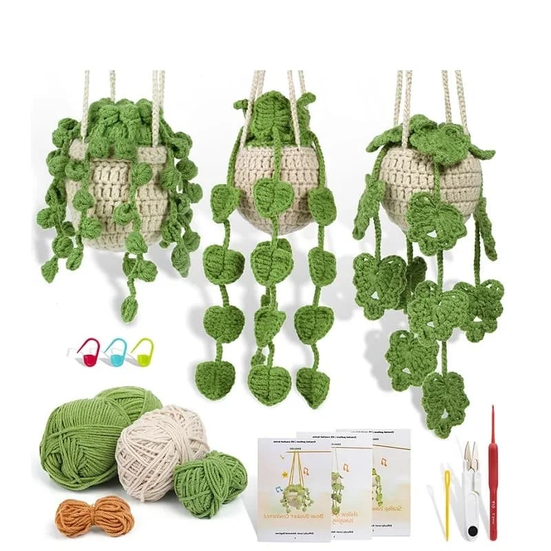 KRABALL Kit per piante sospese all'uncinetto per principianti con tutorial video Filato per maglieria in cotone Filo Aghi Ganci Set di strumenti per maglieria