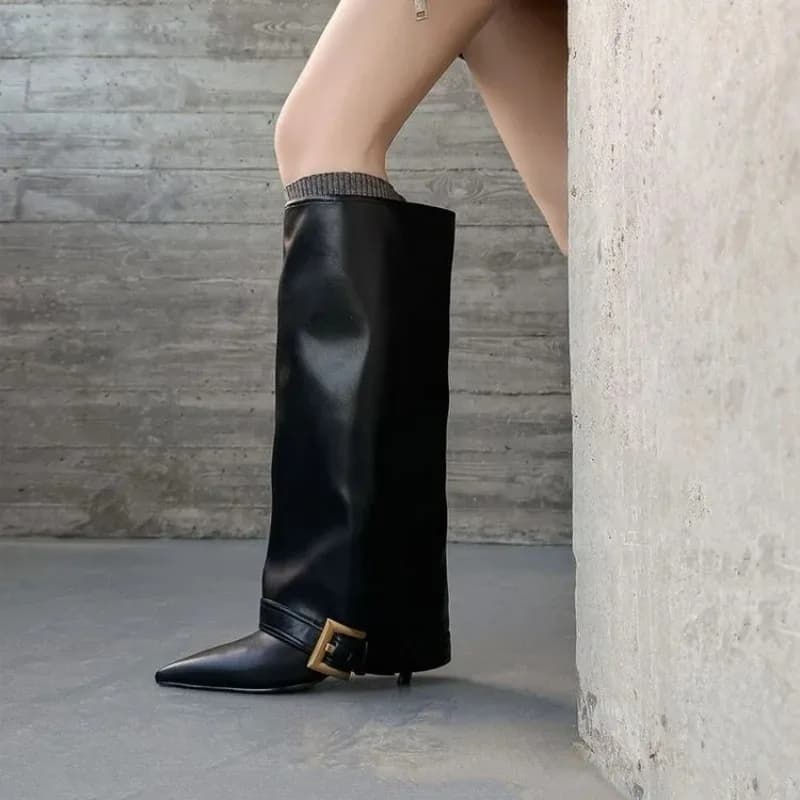Women's Knee Boots Classical Black-tip Leather Boots Designer Women's Pants Boots Fashion Tempering Botas Mujer