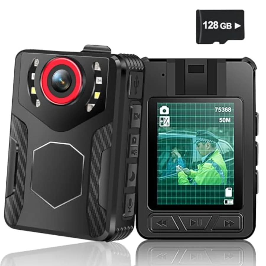 Telecamera Indossabile per Forze dell'Ordine, Sicurezza, Lavoro all'Aperto: 1080P FHD, Visione Notturna, Batteria 10 Ore, Schermo 2.0, Memoria 128GB, Nera