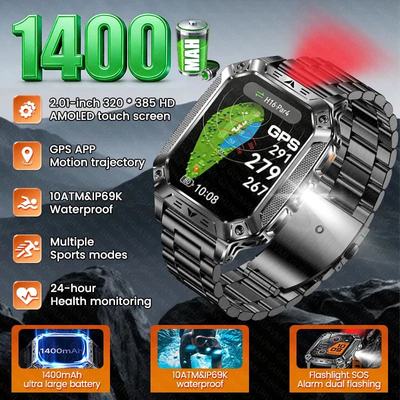 New Smartwatch 2026 with Large 1400mAh Battery, GPS, Flashlight, 10ATM Waterproof, Bluetooth Calls, AMOLED Display HD for Open Sports