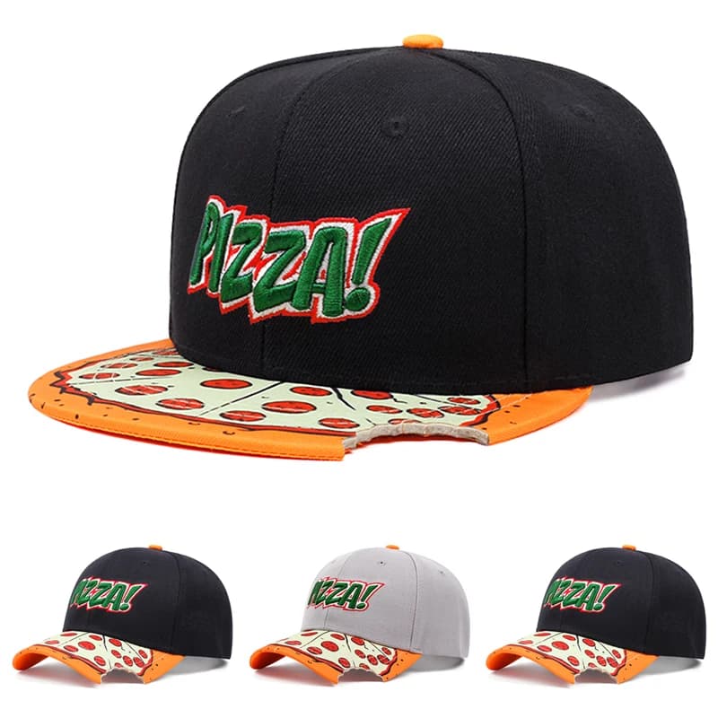 2026 New Hip Hop Skateboarding Hat PIZZA Embroidered Baseball Hat Daily Commuting Decoration Sunshade Hat Unisex Flat Edge Hat