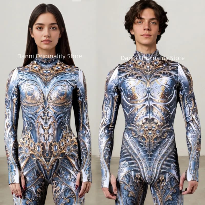 Retro Mechanical Armor 3D Print Bodysuit Couple Cosplay Costume Men Women Gothic Punk Masquerade Party Stage Show Cool Jumpsuit