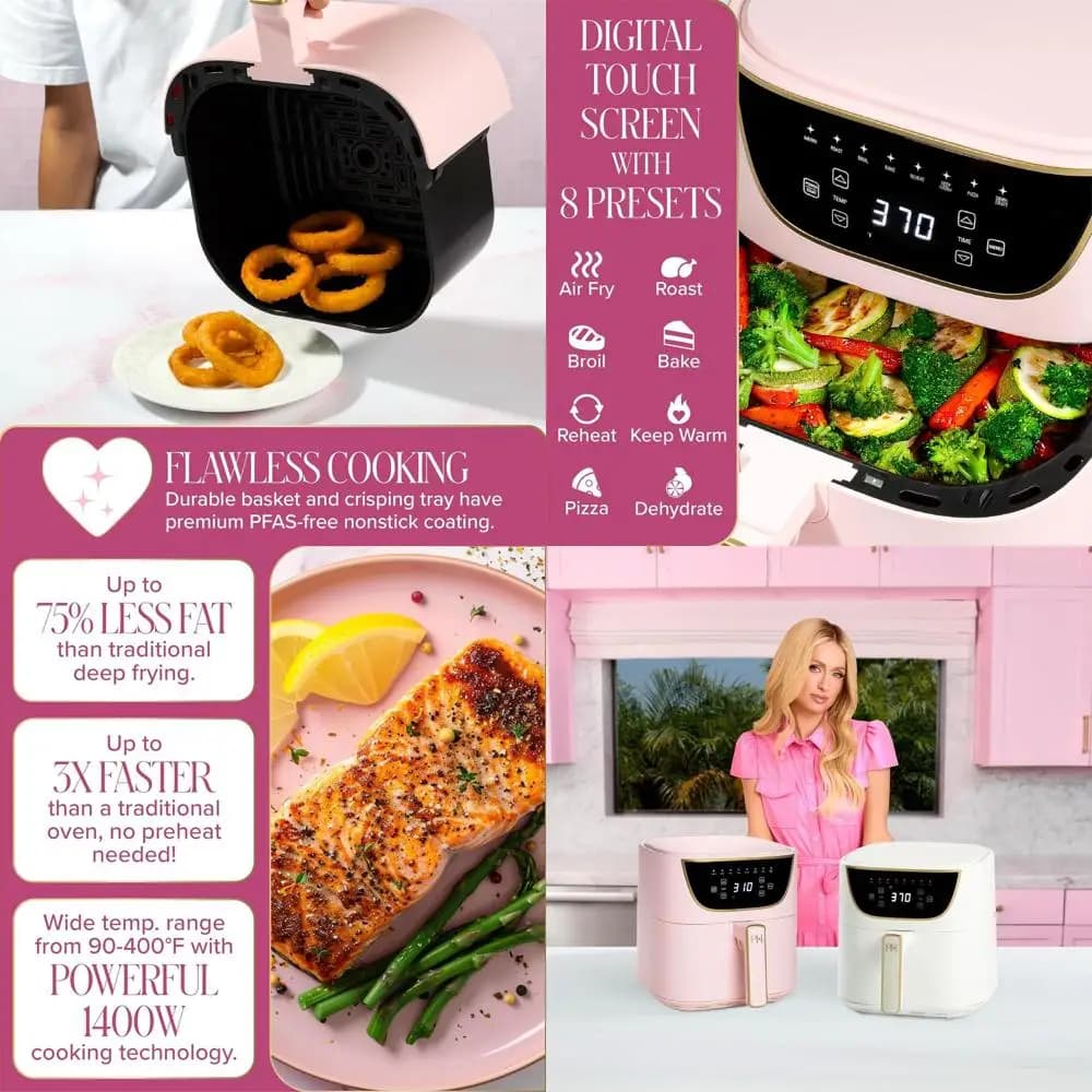Friggitrice ad aria digitale da 6 litri, antiaderente, multifunzione 8 in 1, touchscreen, lavabile in lavastoviglie, rosa