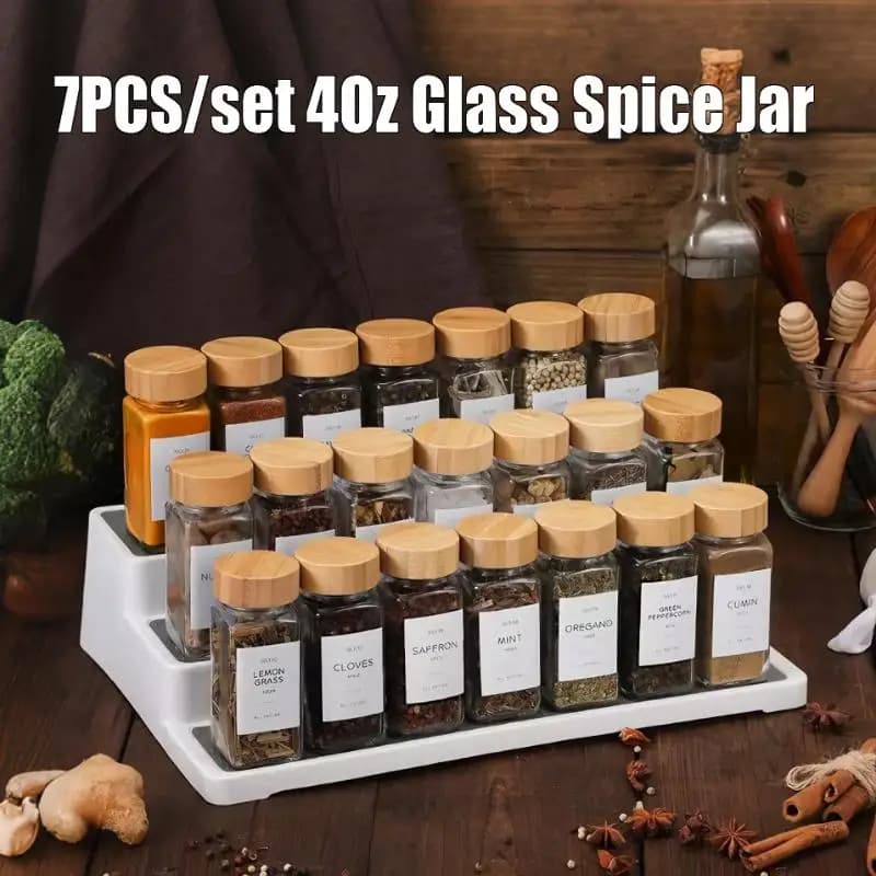 7PCS/set 4Oz Glass Spice Jar Seasoning Containers With Bamboo Lids Square Empty Spice Bottles Herbs...