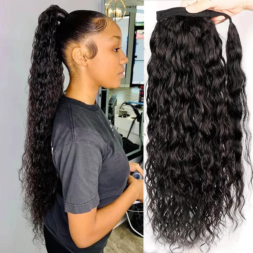 Water Wave Ponytail Extensions Human Hair Magic Paste Natural Black Ponytail Brazilian Wrap Around Hair Extensions for Women
