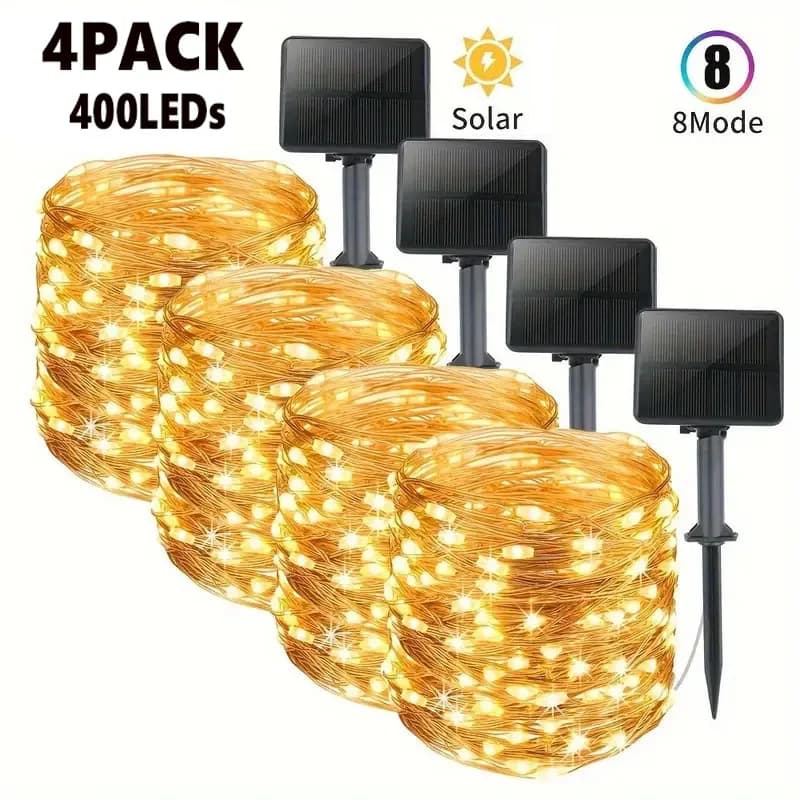 Confezione da 4 lucine solari da esterno 400 LED lucine da esterno 8 modalità filo di rame IP65 impermeabile per feste in giardino