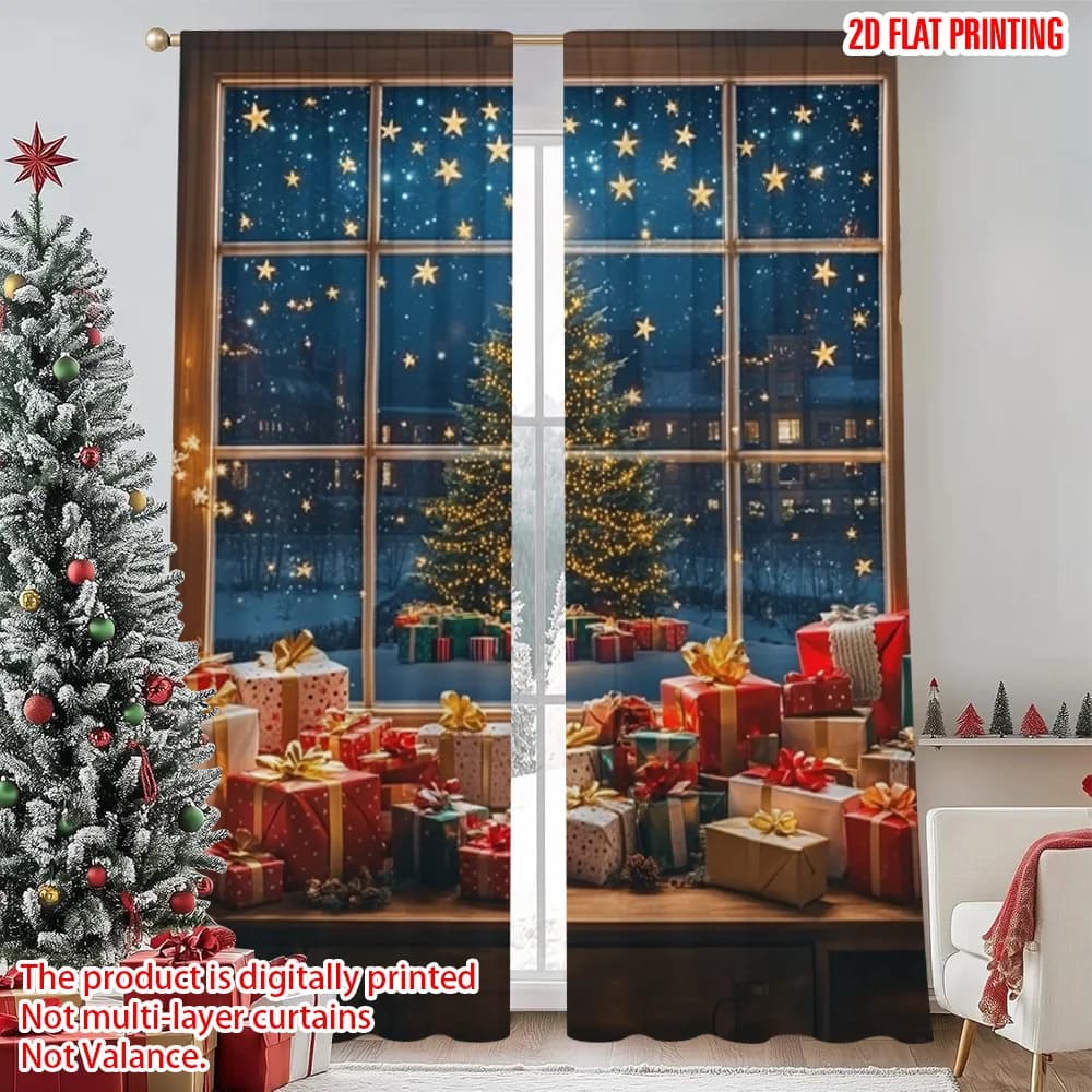 2pcs 2D flat printing Merry Christmas Curtain Festive Christmas scene Versatile Fabric Without Electricity Spring Party &