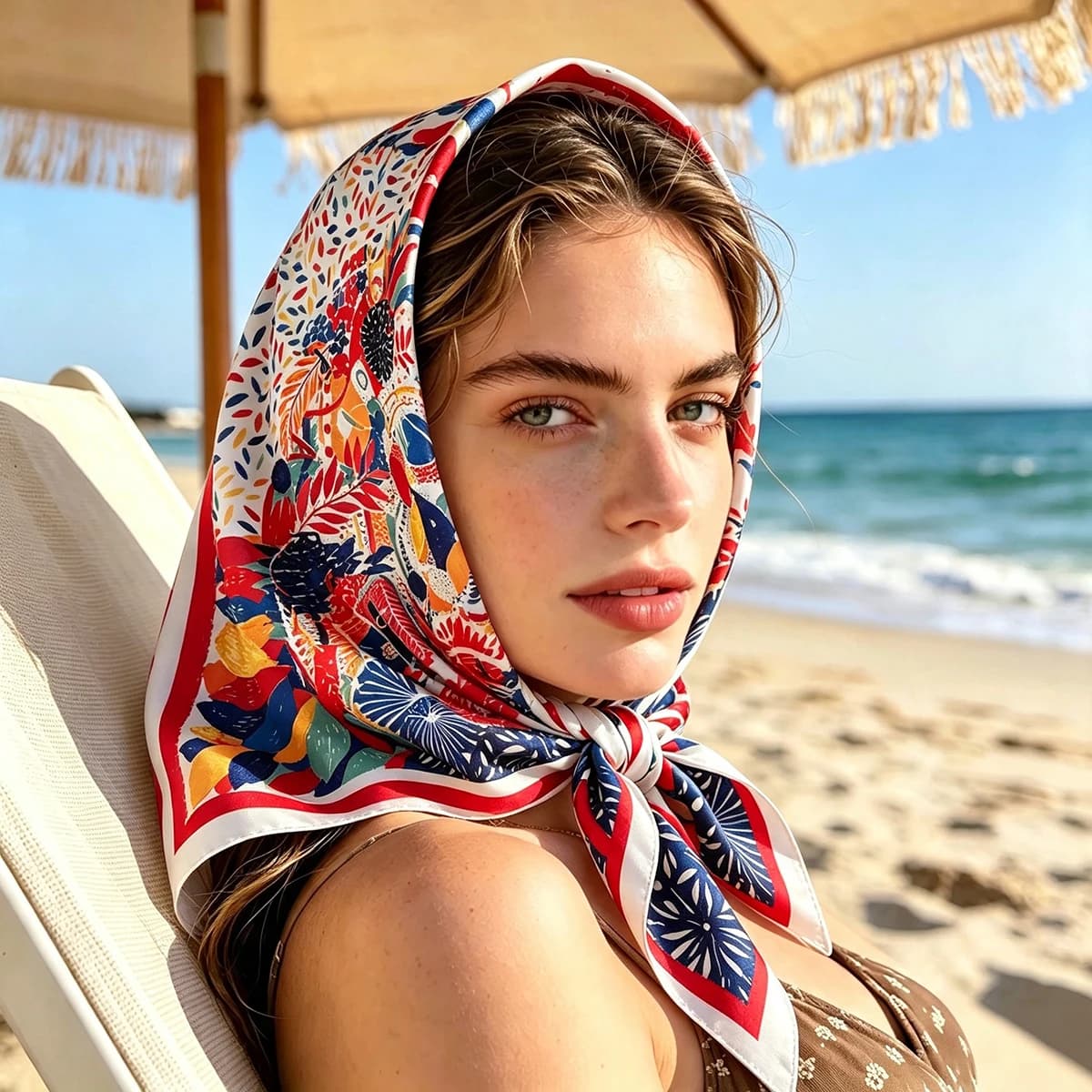French Retro 70*70cm Square Scarf Women's Versatile Summer Sunscreen Imitation Silk Scarf Beach Seaside Sun Shawl Headscarf