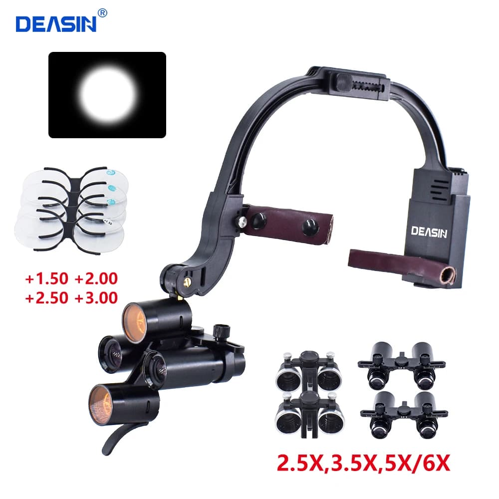 DEASIN 5X/6X dentale LED faro binoculare/Kepler occhialini fascia regolabile 5W dentista lampada frontale chirurgica lente d'ingrandimento odontoiatria