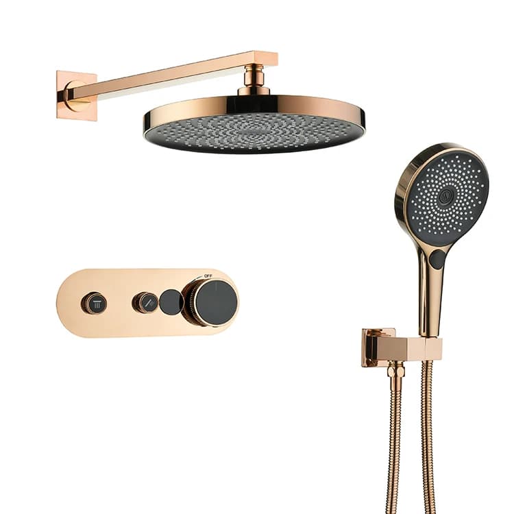 GAONUO Hidden round shower head with digital smart display in contemporary pink gold Bathroom set system with hot and cold water