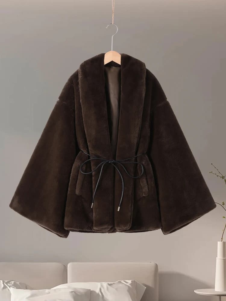 Cappotto in Ecopelliccia da Donna con Cintura, Maniche Lunghe, Apertura Frontale, Giacca Casual alla Moda, Abbigliamento Chic per Signora, Primavera