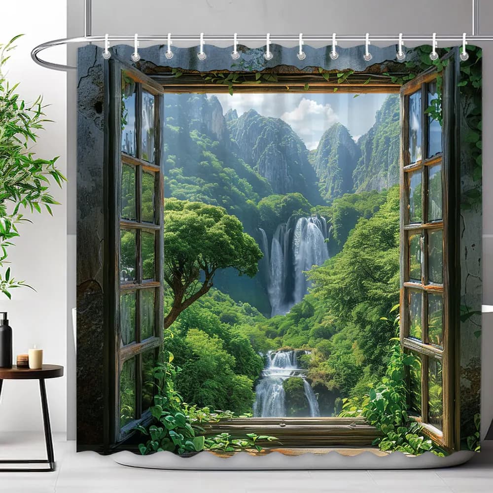 Tenda da doccia con paesaggio a cascata e arco cinese, in tessuto di poliestere, decorazione per il bagno