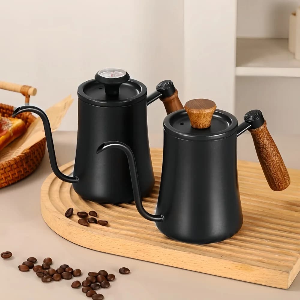 500ml stainless steel camping coffee maker with lid, thermometer and handle in solid wood, Picnic Springs travel kettle