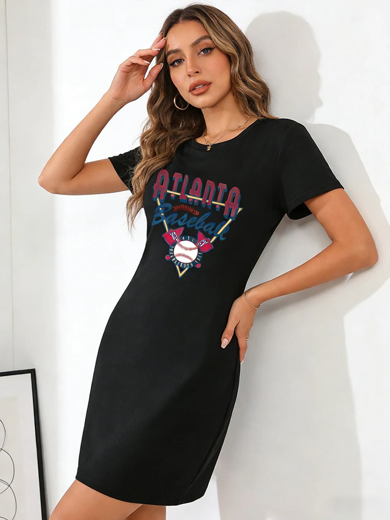 Baseball print short-sleeved dress, round-neck short-sleeved casual dress, suitable for summer and spring