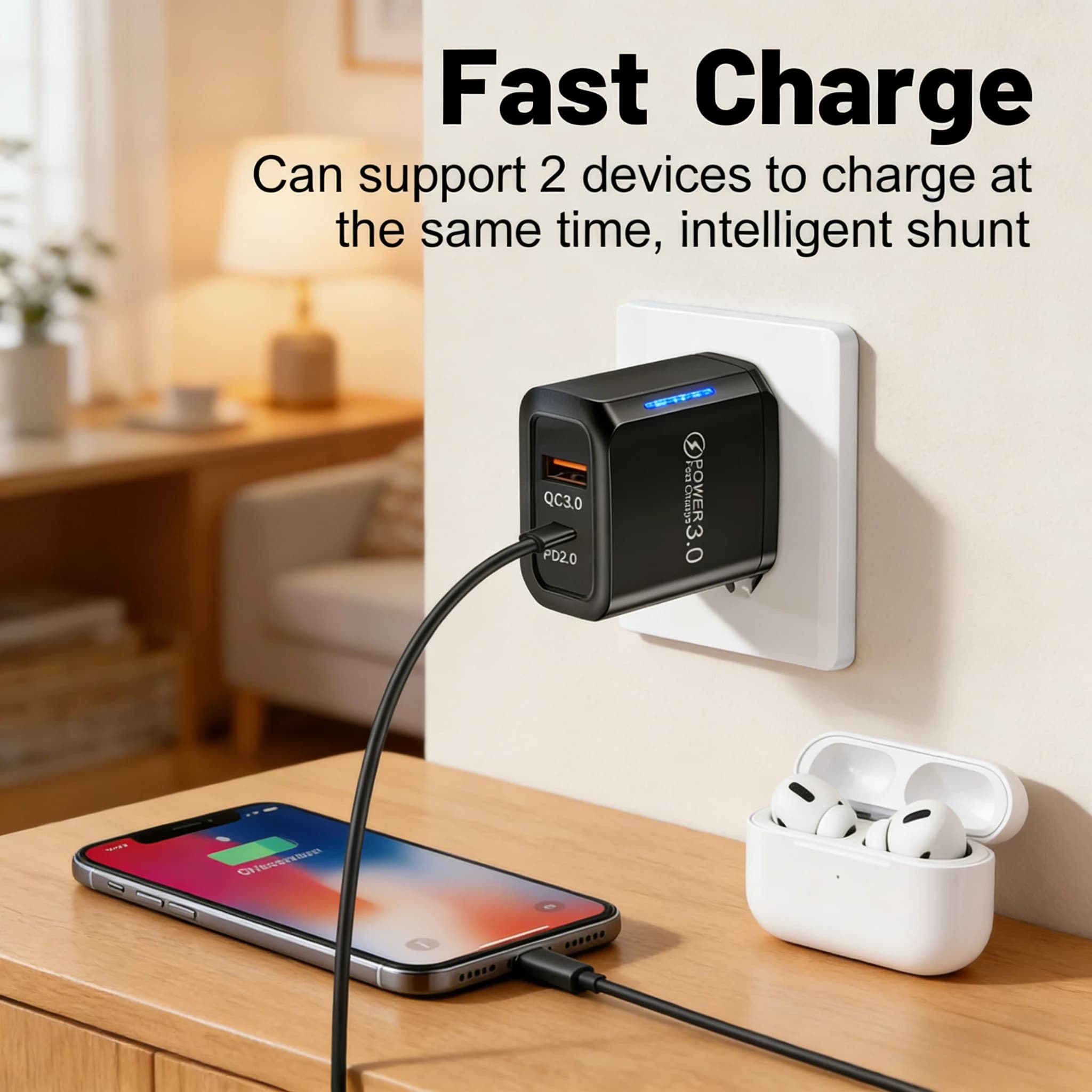 Caricatore USB C da 36W con tecnologia Quick Charge 3.0, doppia porta, adattatore da parete con spina EU/US per iPhone, Samsung, Xiaomi