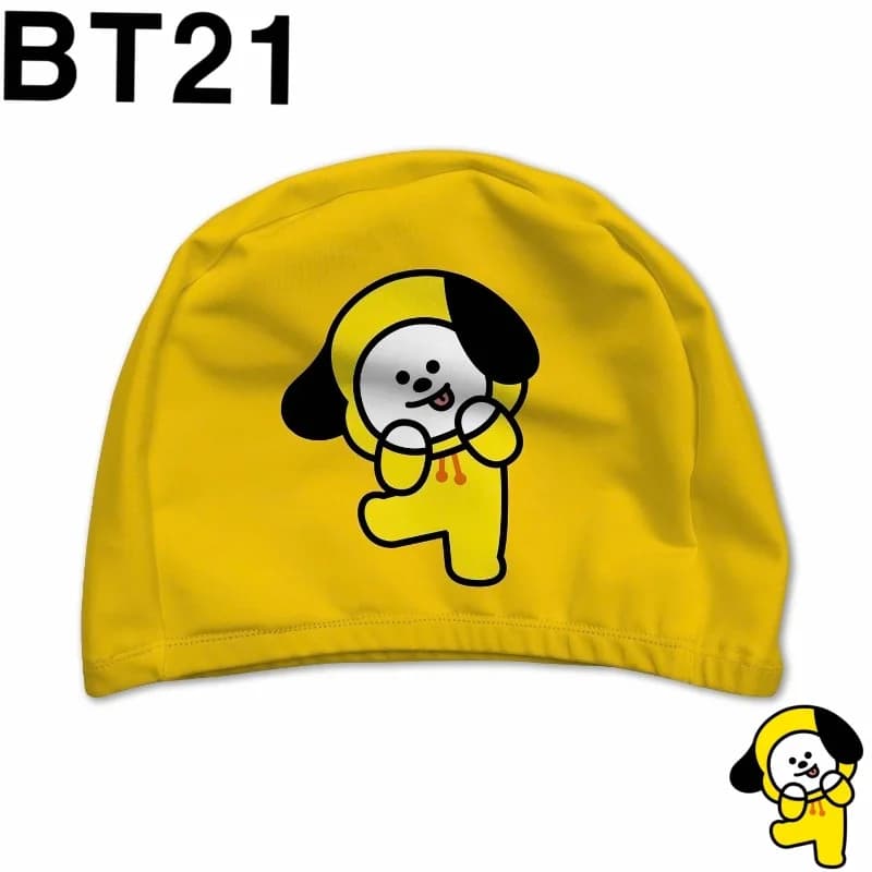 Cappello da nuoto unisex alla moda con motivo cartone animato della serie Creative BT21, resistente all'usura, morbido, confortevole e delicato sulla pelle