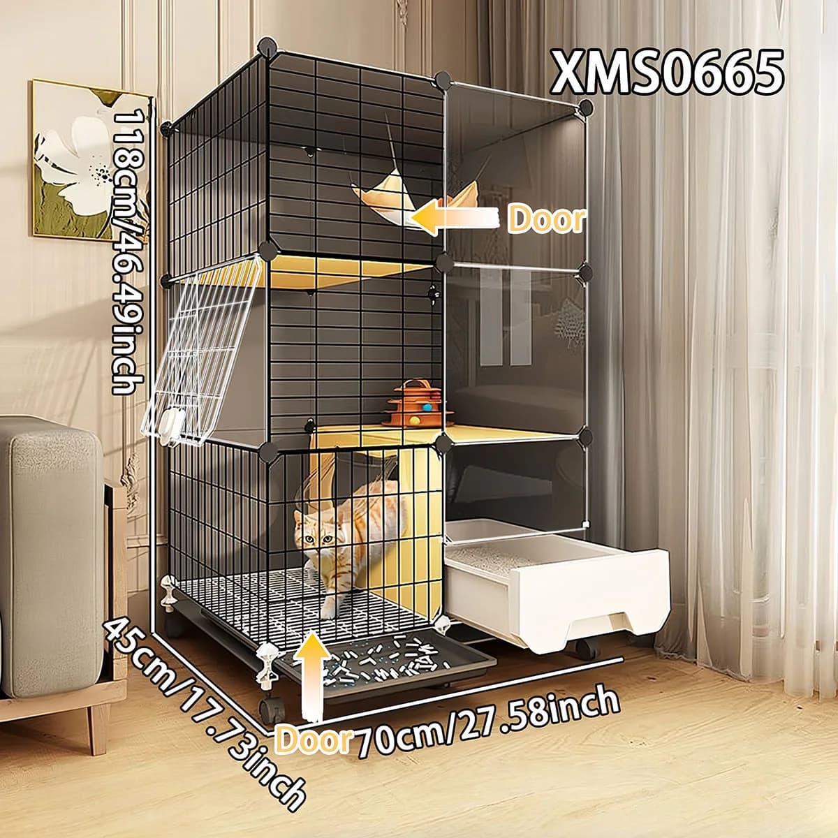 Villa per Gatti Mobile a Tre Livelli in Plastica con Vassoio Estraibile, Design Multi-Porta, Ampio Spazio per Uso Domestico, Gabbia per Gattini con Lettiera a Cassetto