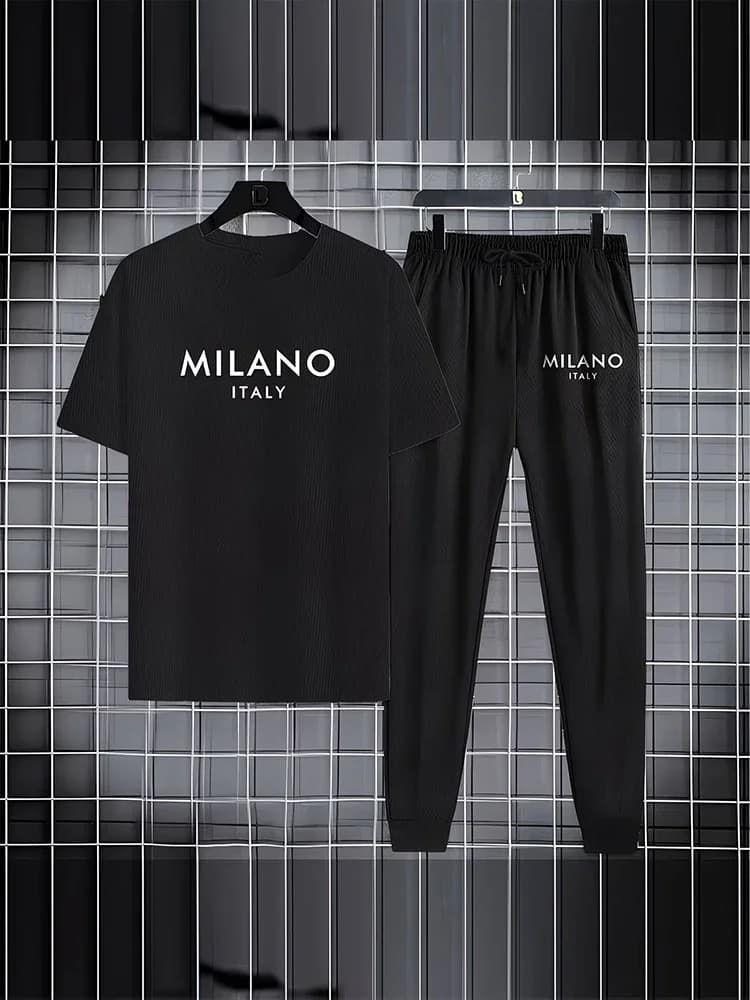 Completo Sportivo Casual da Uomo, Nuovo Arrivo Estivo: T-Shirt a Maniche Corte con Stampa Lettering + Pantaloni Casual, Set Due Pezzi