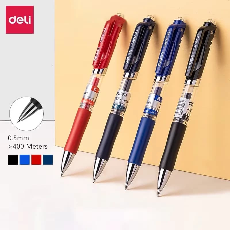 Penne gel retrattili DELI 0,5 mm12 pezzi/scatola Penne a clic liscio con inchiostro nero blu rosso per la scrittura di materiale scolastico e per ufficio