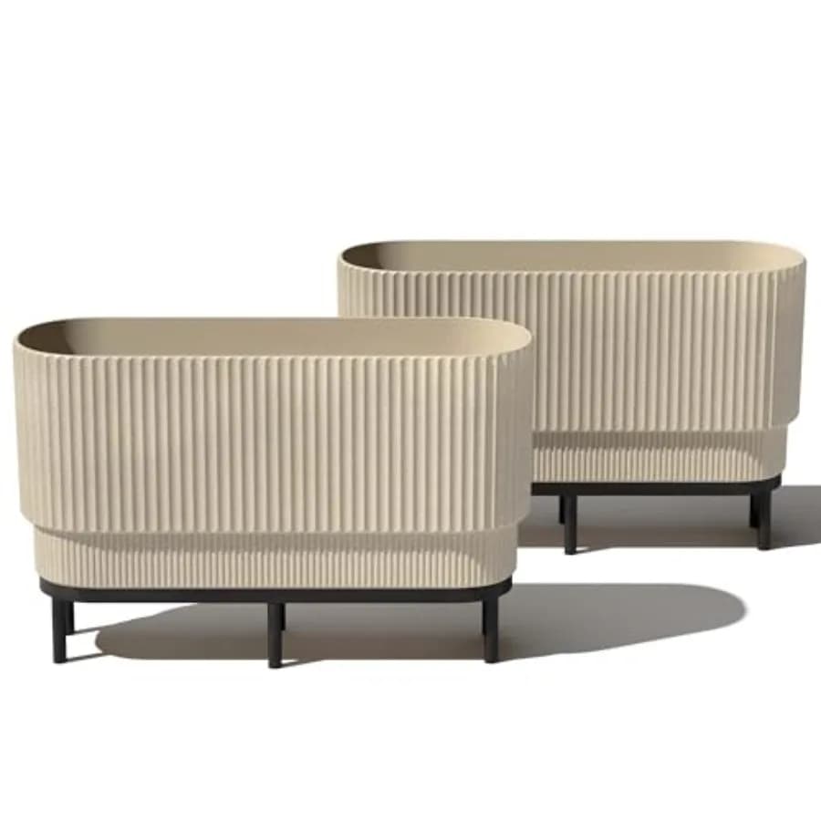Fioriera Rialzata Serie Demi per Uso Interno ed Esterno, Moderna Fioriera in Plastica e Pietra Grigia con Supporto in Legno Naturale, Ideale