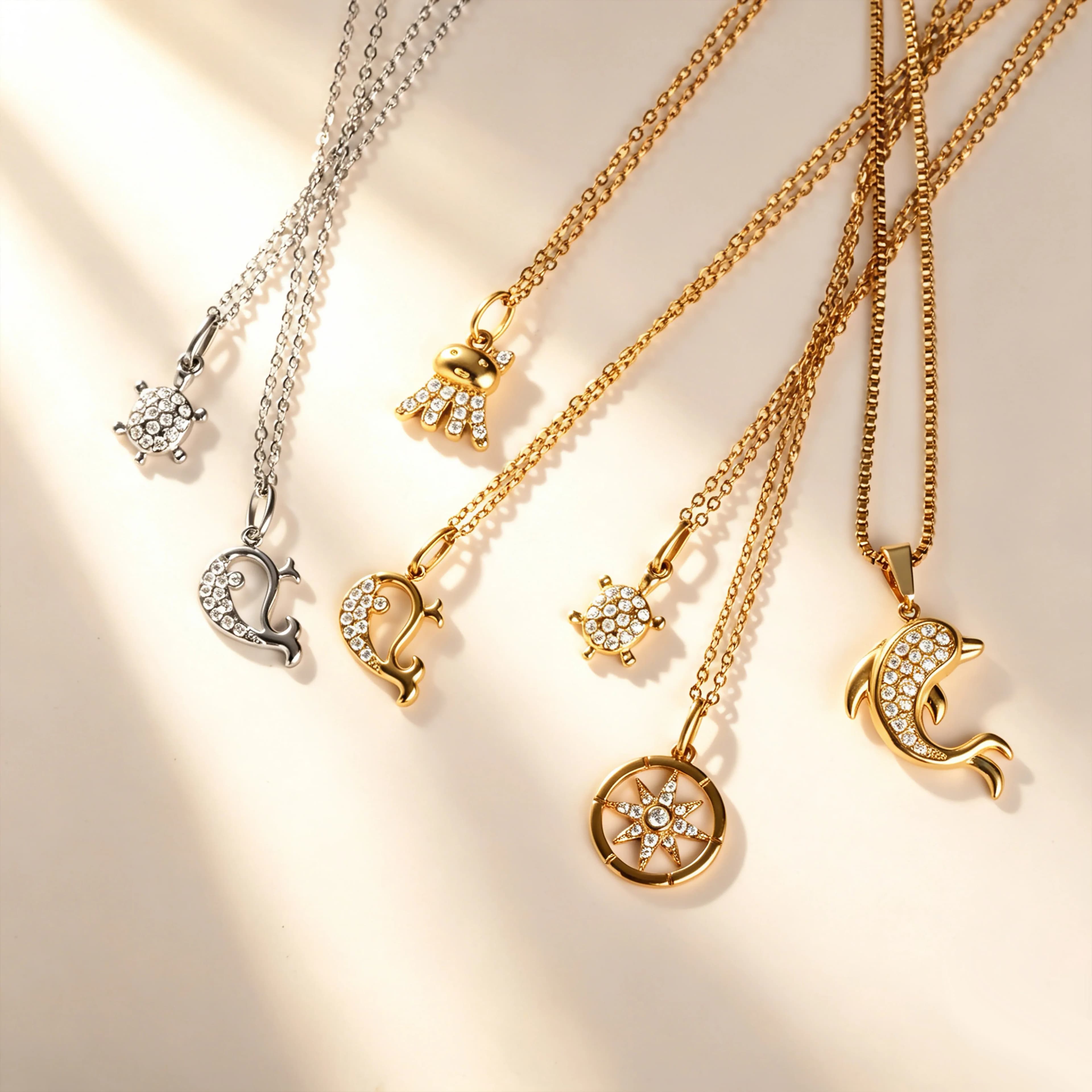 Collana in acciaio inossidabile 316L con zirconi a tema oceano, tartaruga, balena, delfino, polpo, ruota, catena universale placcata oro con chiusura a osso