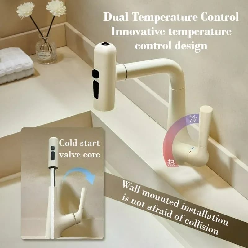 Rubinetto da Bagno Estraibile in Rame con Doccetta a Pioggia, Miscelatore Acqua Calda e Fredda per Lavabo, Effetto Cascata Volante