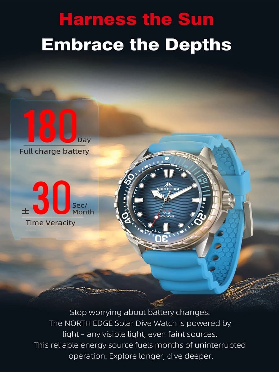 NORTH EDGE 2025 New TRITON Men's Solar Energy Watch Luxury Quartz Watches for Men 316L Stainless Steel Case Waterproof 300M