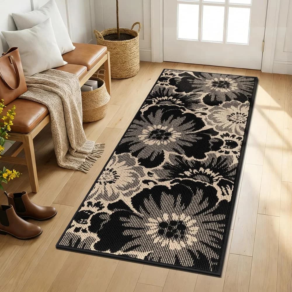 VIKAMA Tappeto floreale nero beige, antiscivolo, lavabile, durevole, lungo, per corridoio, ingresso, cucina, decorazione domestica