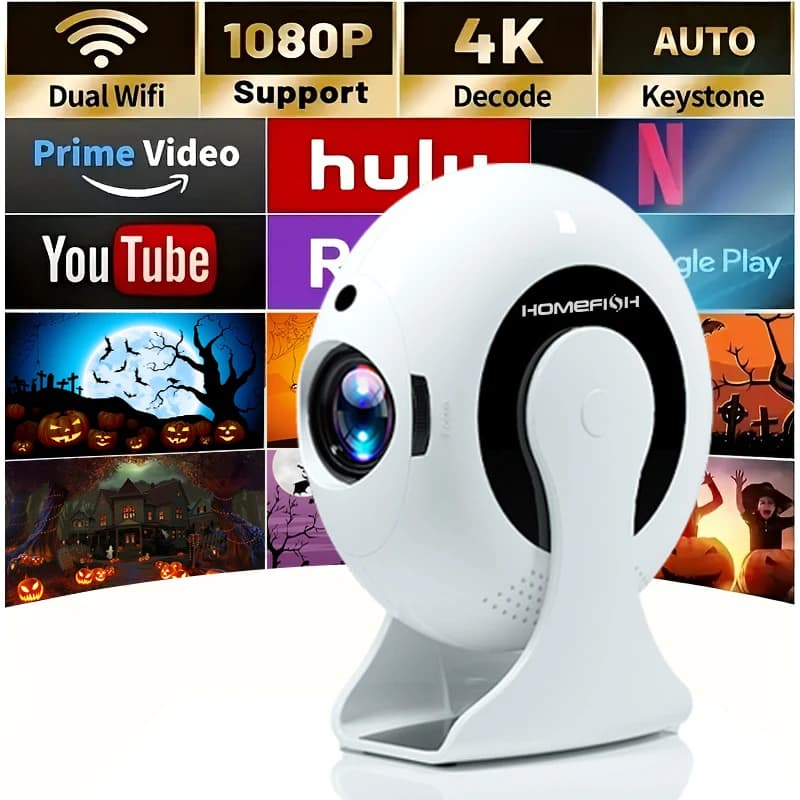 HOMEFISH 2025 Il più recente mini proiettore nativo Android 4K 100ANSI 2.4G/5G WIFI BT5.0 Cinema Outdoor portatile 360 ° Proiettore girevole
