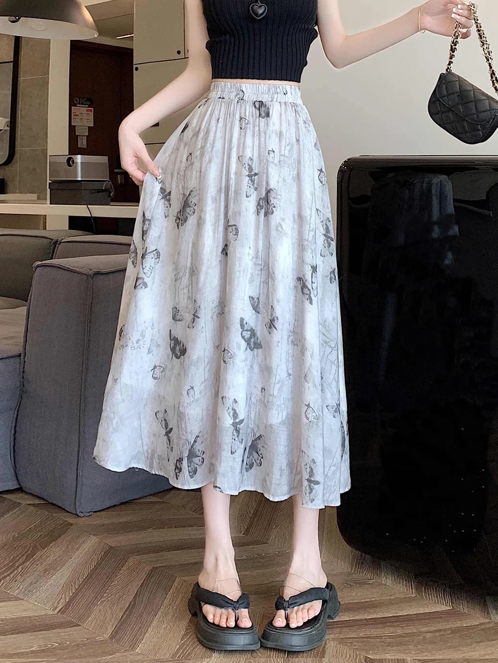 Mezza gonna stampata con farfalla inchiostro Estate nuova gonna a vita alta elastica Temperamento Gonne a trapezio sottili da donna eleganti