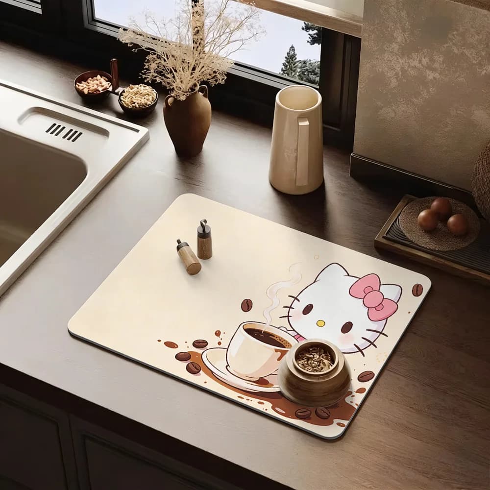 Tappetino Assorbente Antiscivolo Lavabile per Cucina Hello Kitty Beige con Motivo a Fagiolo e Tazza, Stile Cartone Animato, per Asciugatura Piatti
