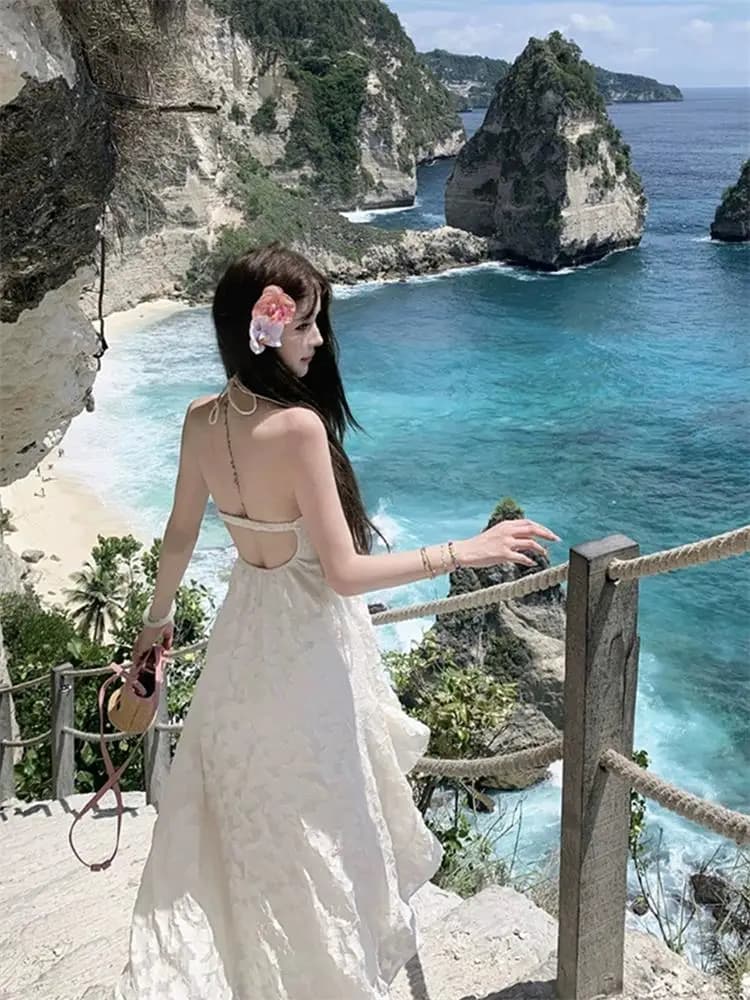 Elegant Backless Summer Dress Women's Lazy Sensation Pure Desire Long Gown Vacation Style High Waist A-Line Skirt V-Neck