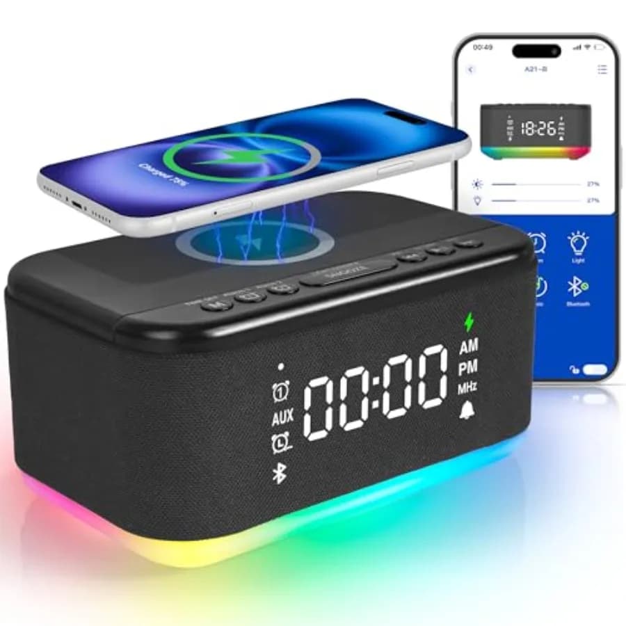 Radio Sveglia Bluetooth Digitale per Camera da Letto con Doppio Allarme, Fino a 10 Sveglie, Luce Notturna, Altoparlante, Controllo tramite App/Pulsanti