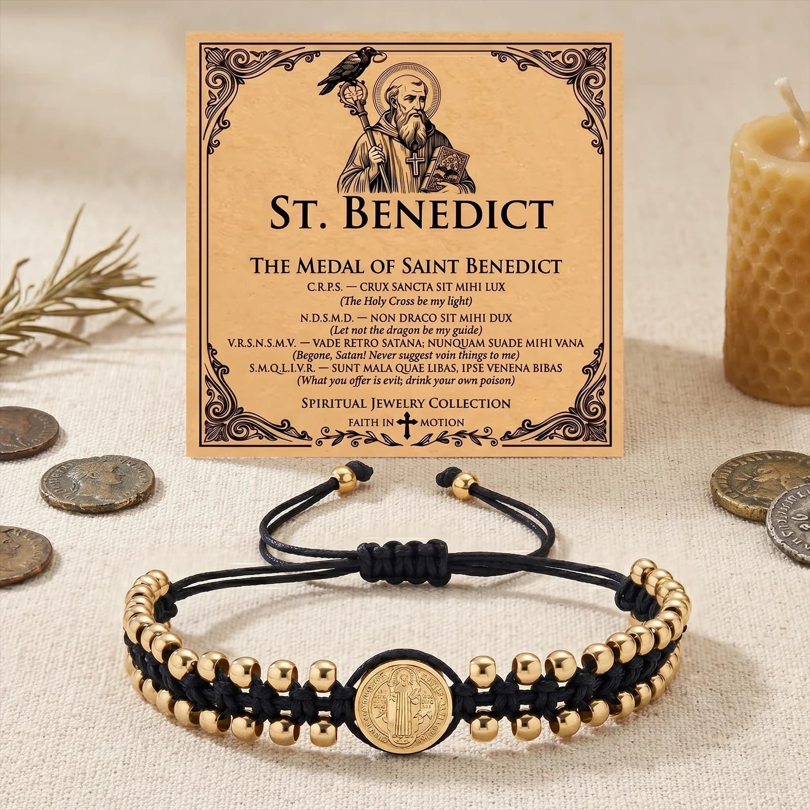 Vintage Two Tone Metal Bead St Benedict Adjustable Braided Bracelet For Women Men Christian Daily Wear Accessory Gift Jewelry