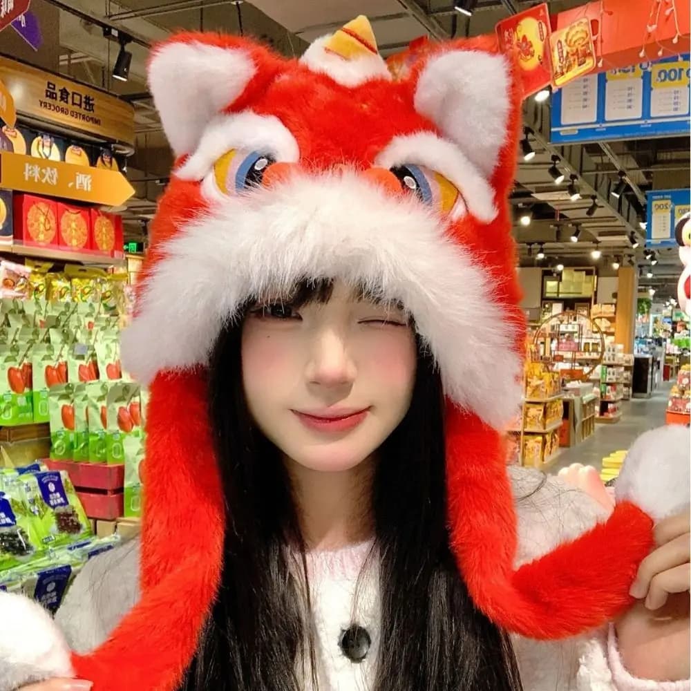 Fashion Ear Muffs Lion Dance Hat Thickened Ears Can Move Plush Beanies Chinese Style Cute Winter Warm Hat Year of the Horse