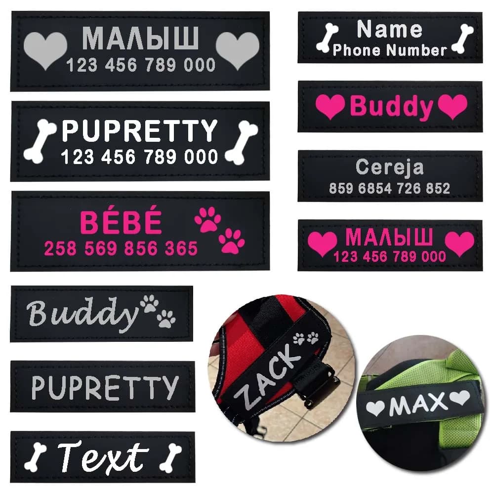 2 pezzi Etichetta identificativa per imbracatura con targhetta per nome cane personalizzata Etichetta per collare per imbracatura con logo riflettente colorato personalizzato con nome fai-da-te